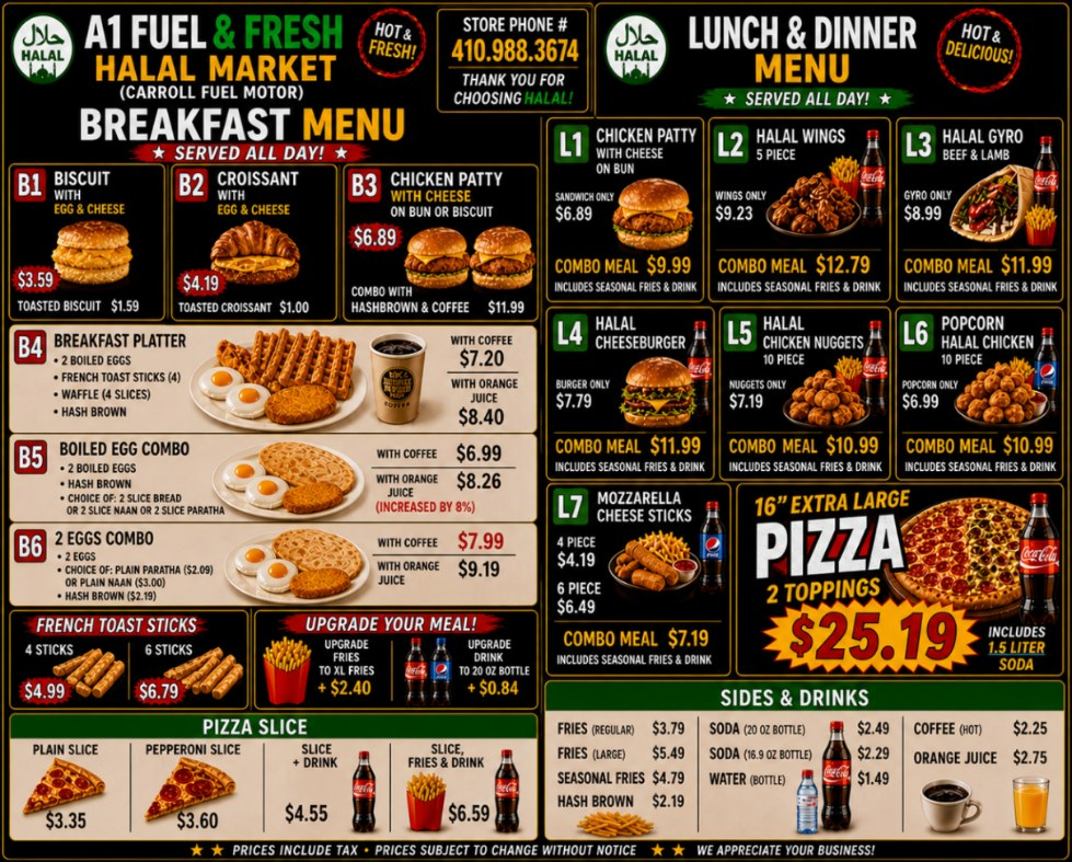A1 Fuel and Fresh Halal Market full menu board — breakfast, lunch, dinner, pizza prices