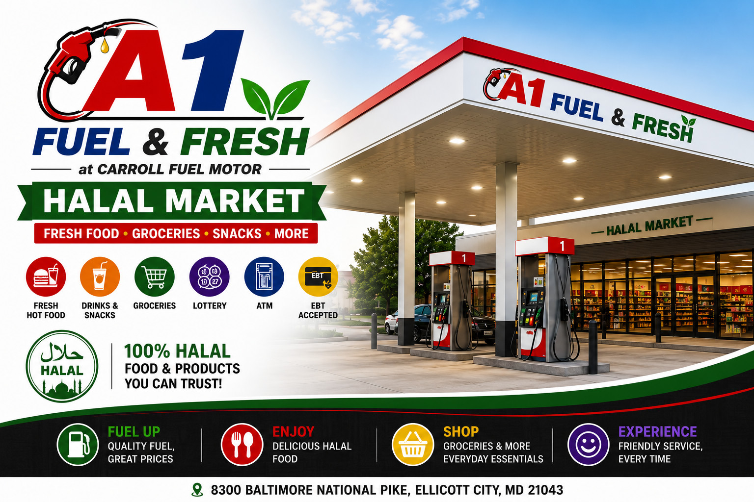 A1 Fuel and Fresh Halal Market sign at Carroll Fuel Motor Ellicott City MD